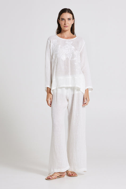 Linen Shirt With Front Lace Details And Long Sleeves