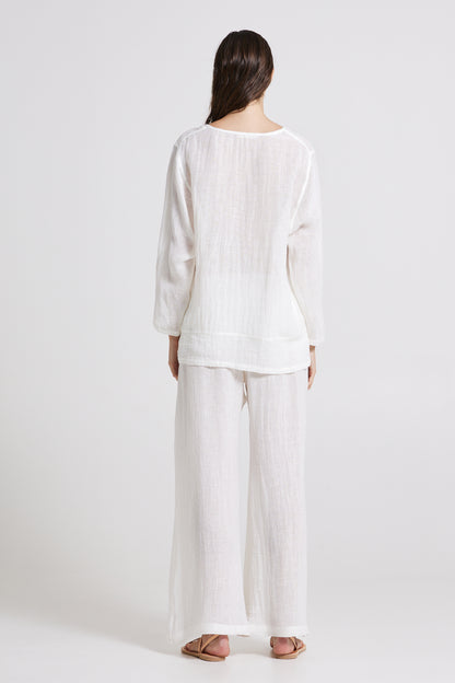 Linen Shirt With Front Lace Details And Long Sleeves