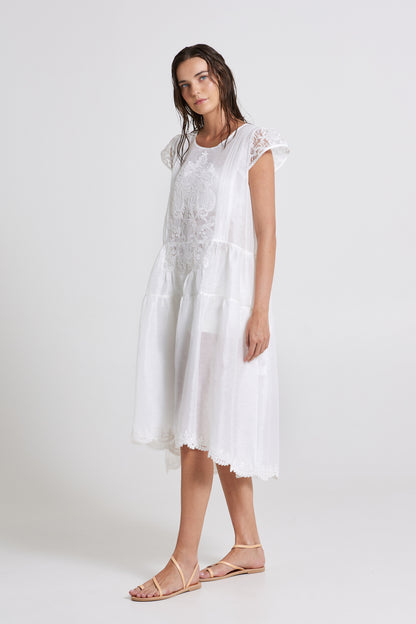 Linen And Silk Dress With Lace Back