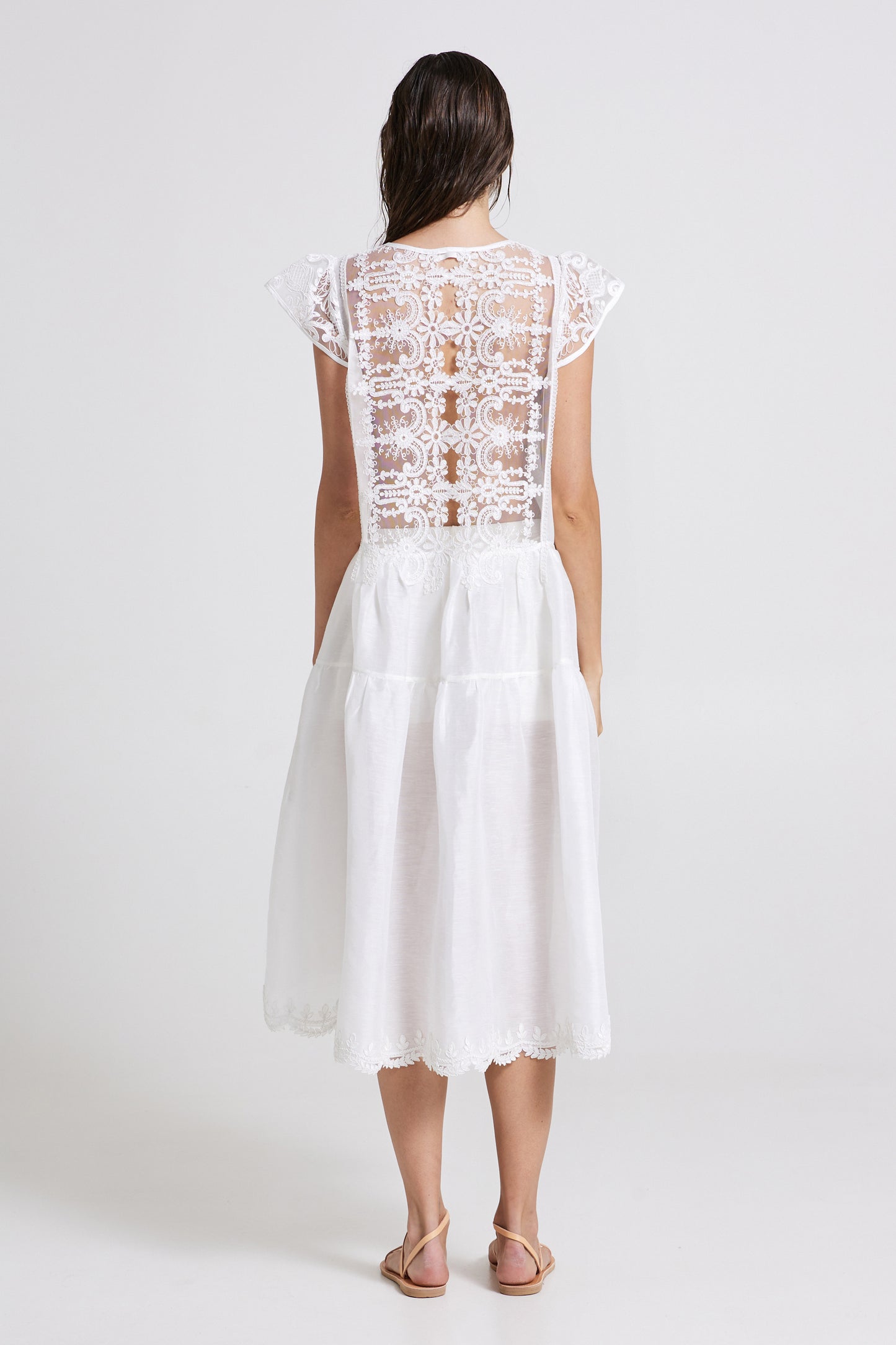 Linen And Silk Dress With Lace Back