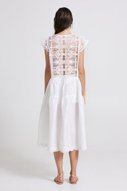 Linen And Silk Dress With Lace Back