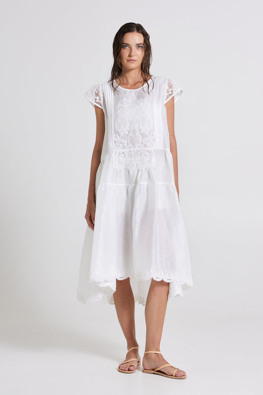 Linen And Silk Dress With Lace Back