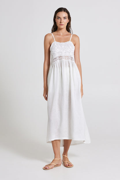 Linen Dress With Open Back And Lace Details