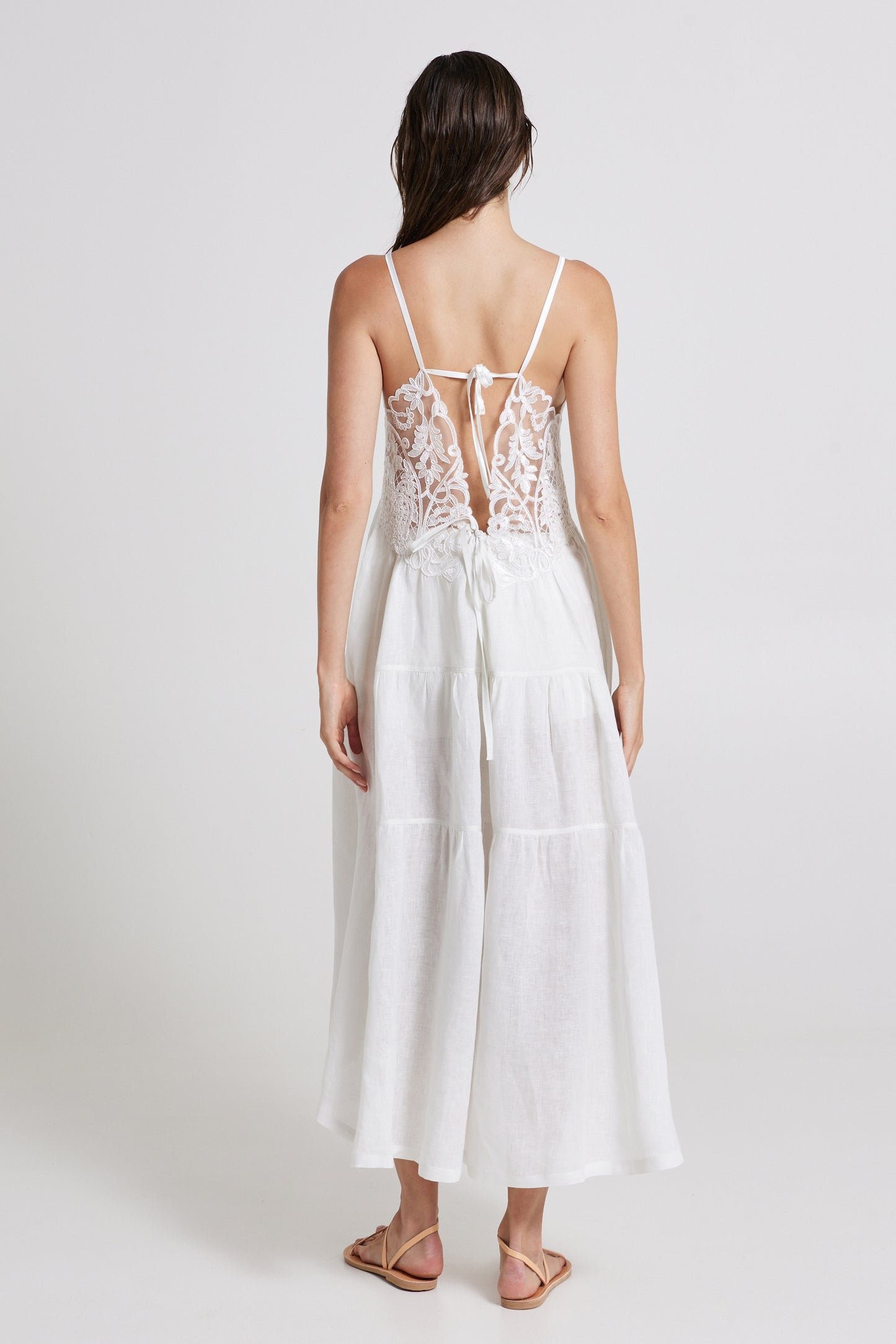 Linen Dress With Open Back And Lace Details