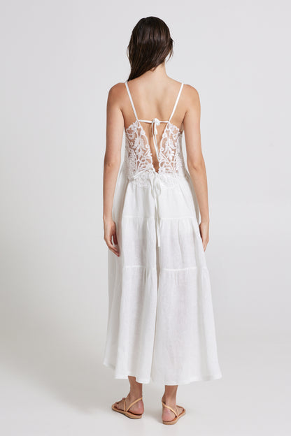 Linen Dress With Open Back And Lace Details