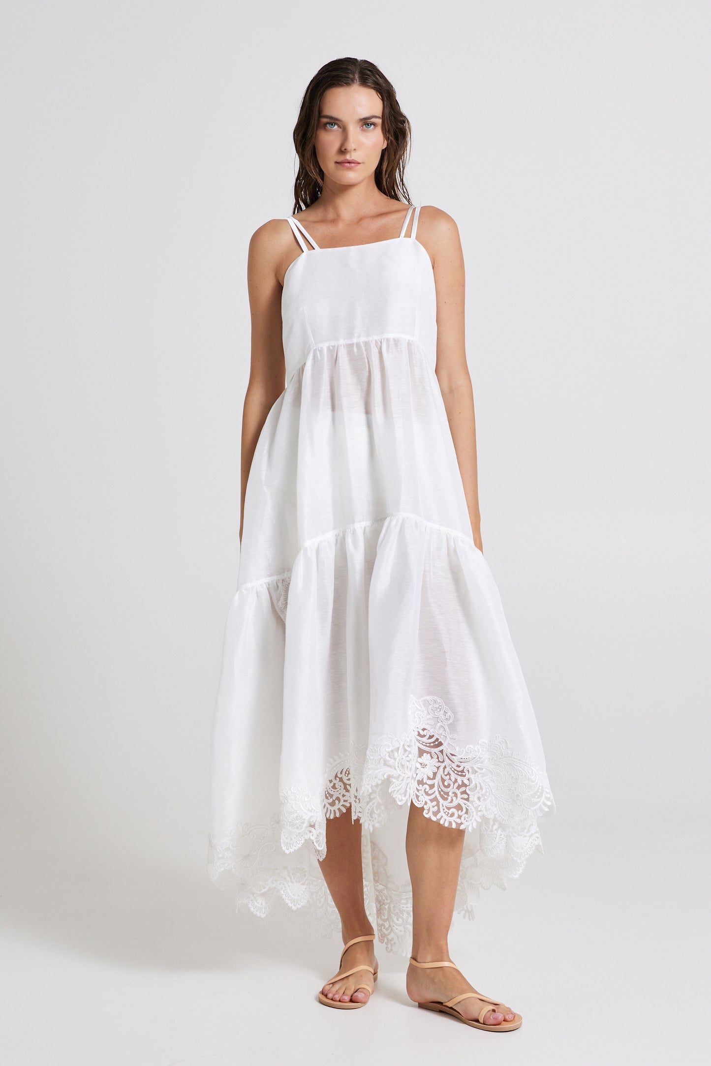 Linen And Silk Dress With Back And Bottom Lace Details
