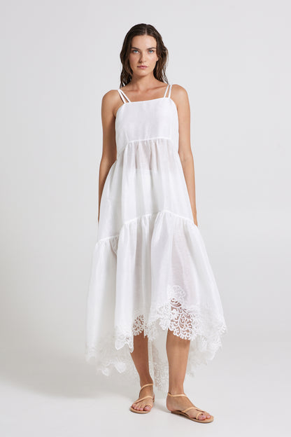 Linen And Silk Dress With Back And Bottom Lace Details