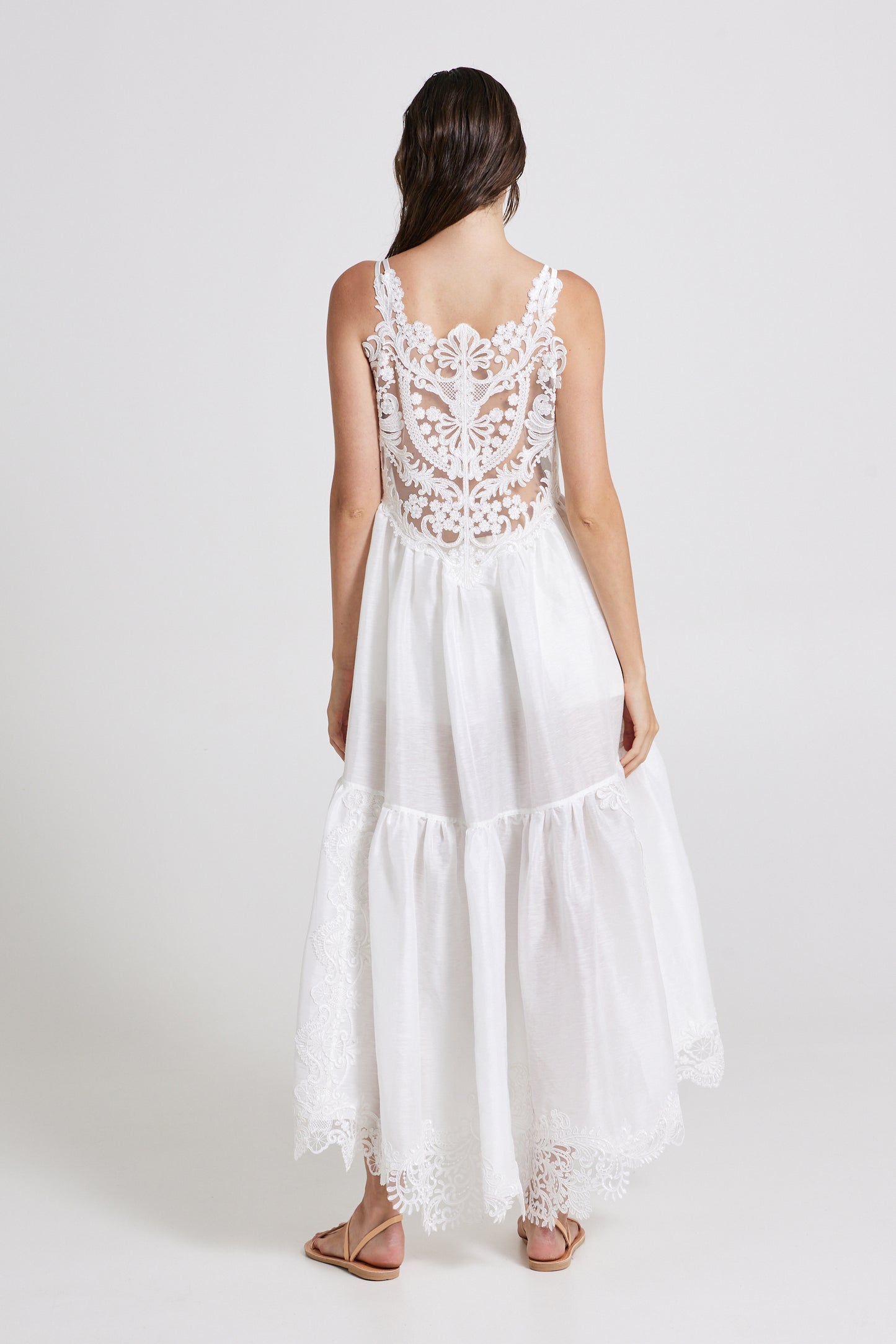 Linen And Silk Dress With Back And Bottom Lace Details