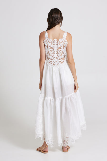 Linen And Silk Dress With Back And Bottom Lace Details