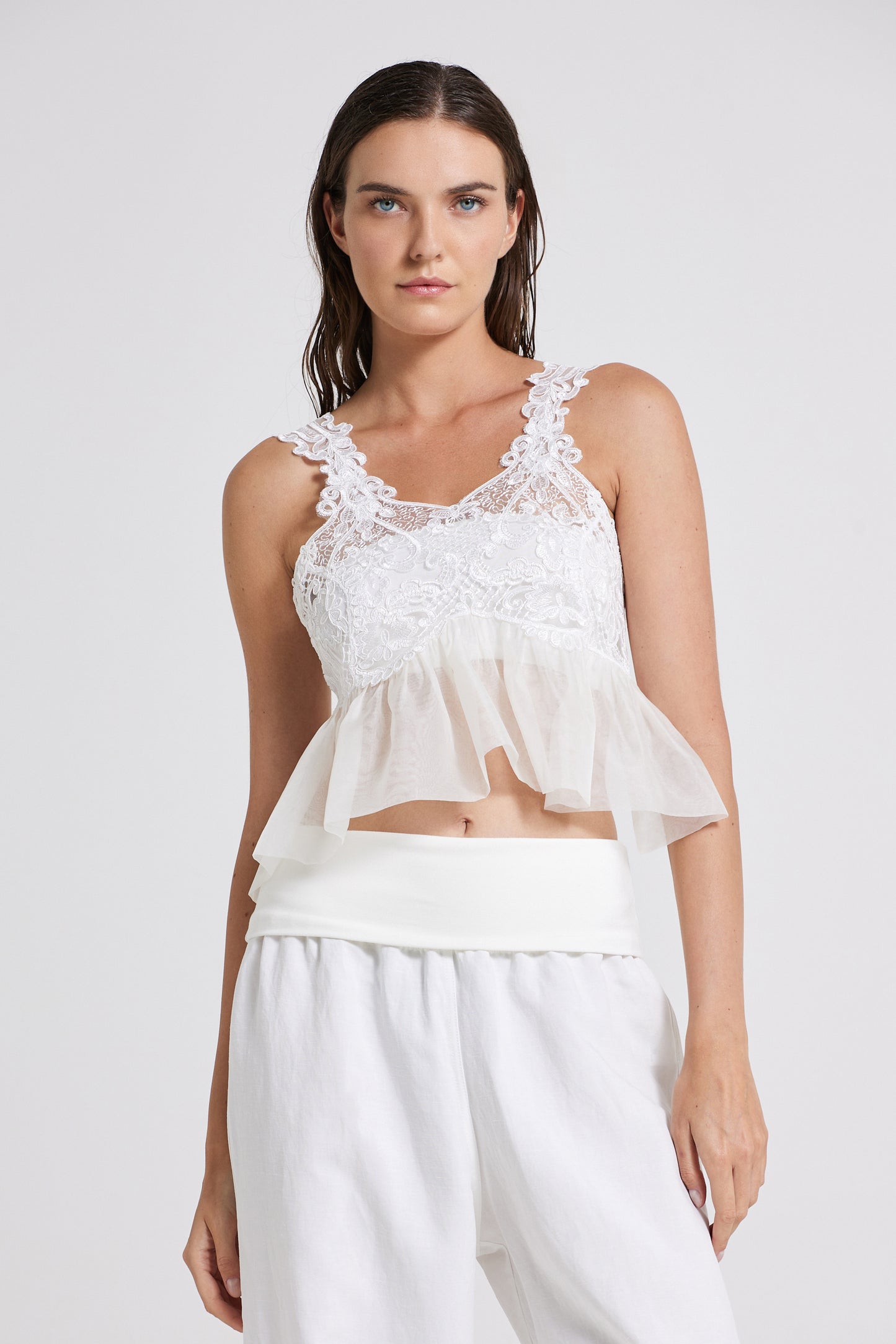Sleeveless Silk Top With Lace Straps