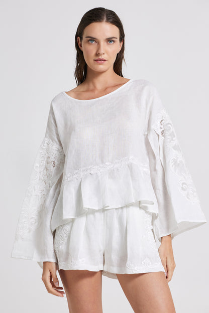 Linen Blouse With Sleeve And Back Lace Details