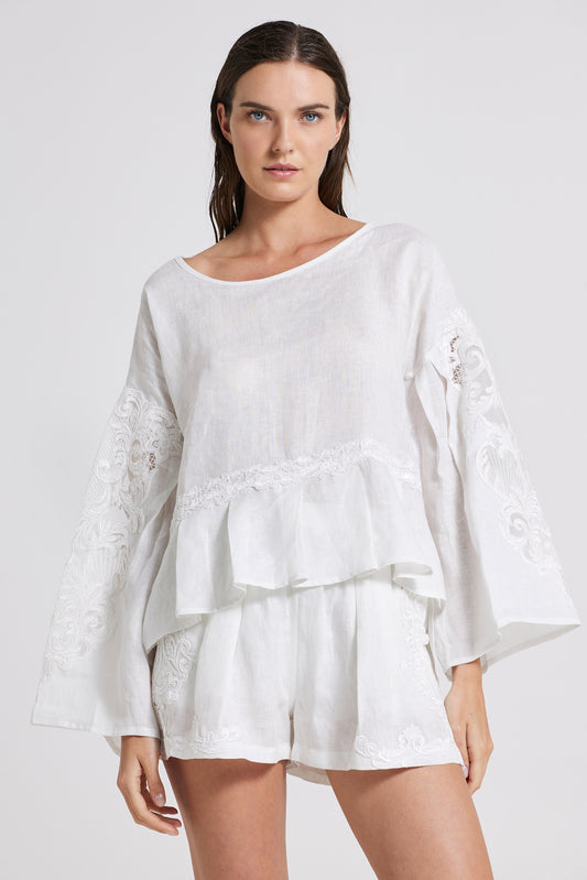 Linen Blouse With Sleeve And Back Lace Details