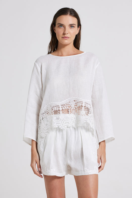Linen Top With Bottom Lace And Long Sleeves