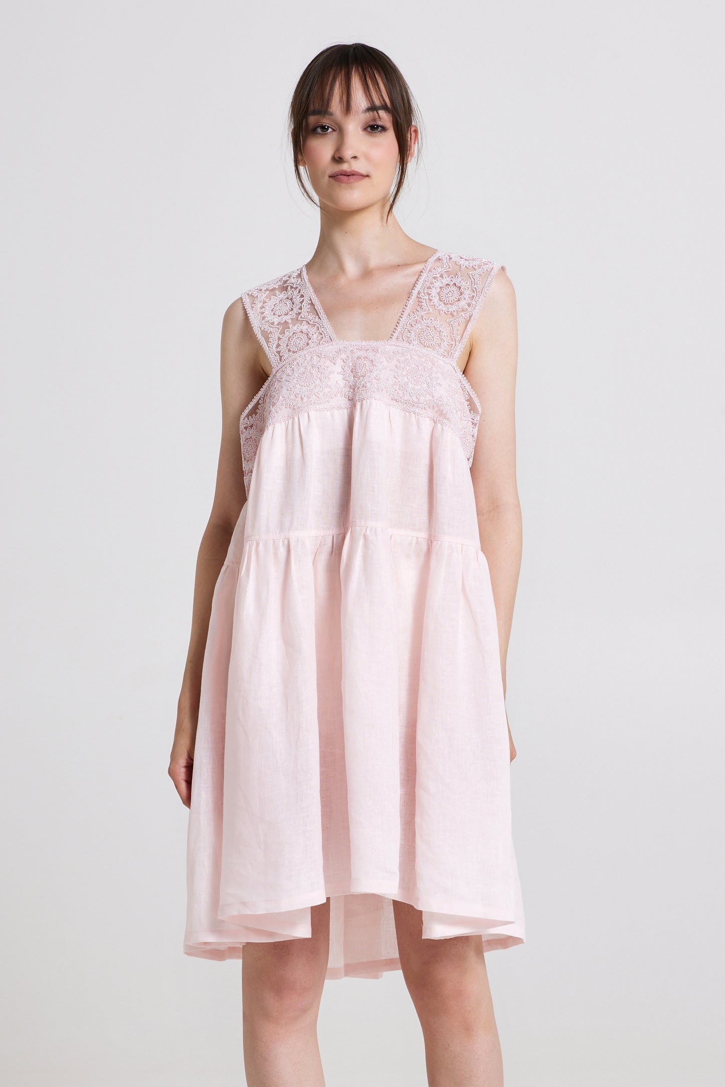 Linen Dress With Lace Straps And Open Back