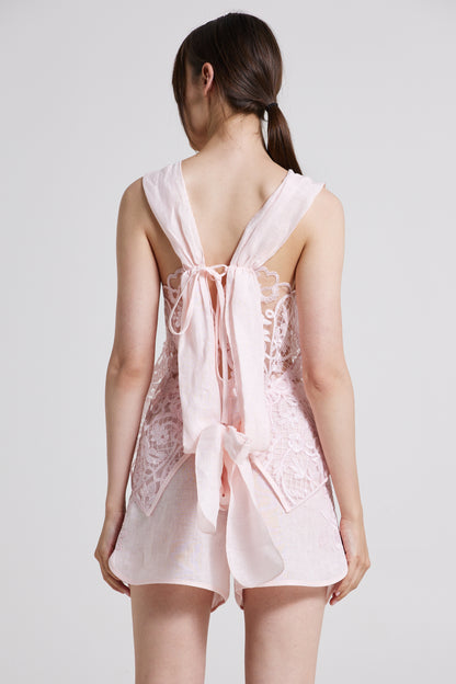 Lace And Linen Blouse With Black Ribbon