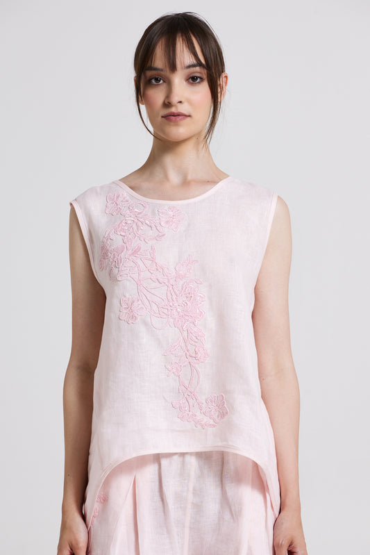 Sleeveless Linen Blouse With Front Lace Details