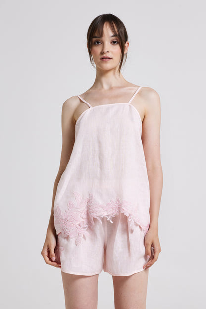 Sleeveless Linen Top With Bottom Lace Details