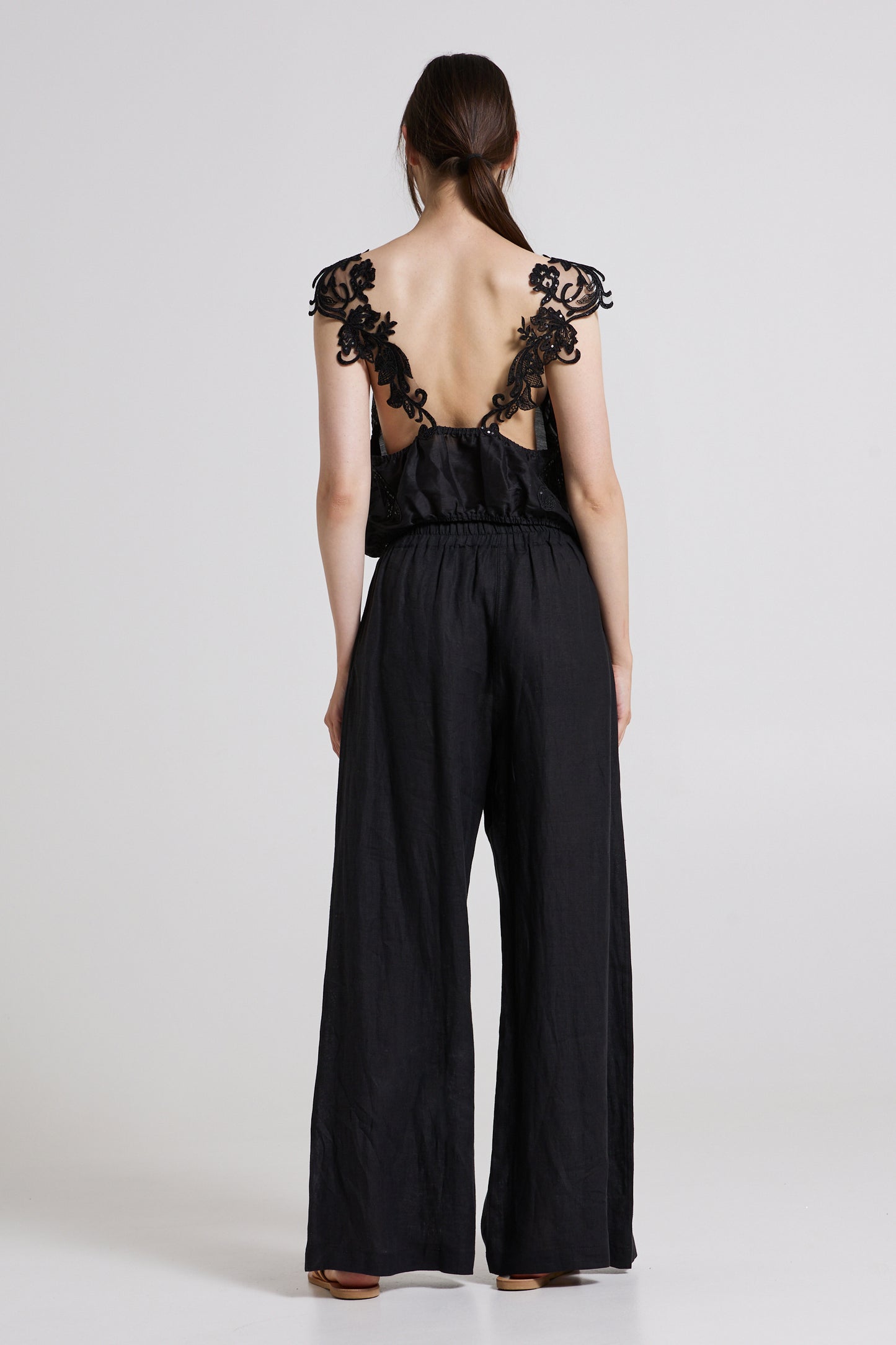Linen And Silk Top With Lace Details And Open Back
