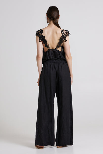 Linen And Silk Top With Lace Details And Open Back