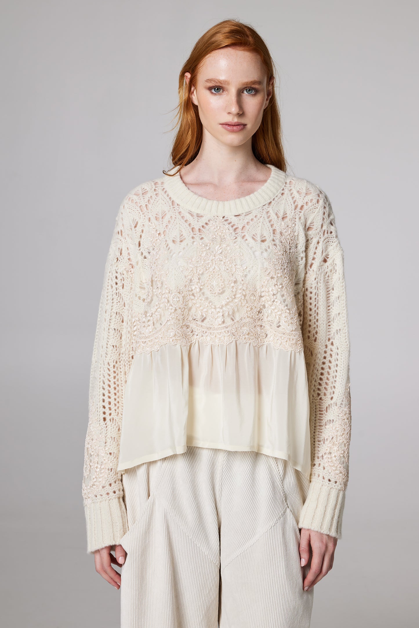 Wool Blouse With Bottom Silk And Lace Details
