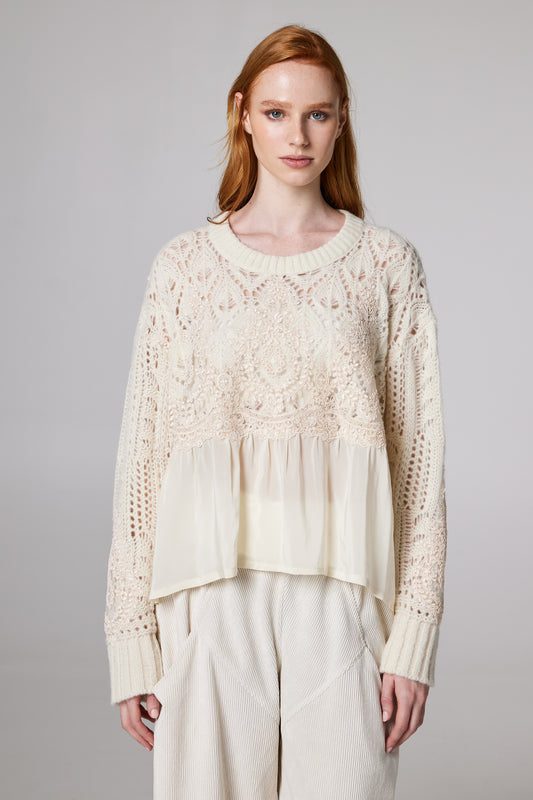 Wool Blouse With Bottom Silk And Lace Details