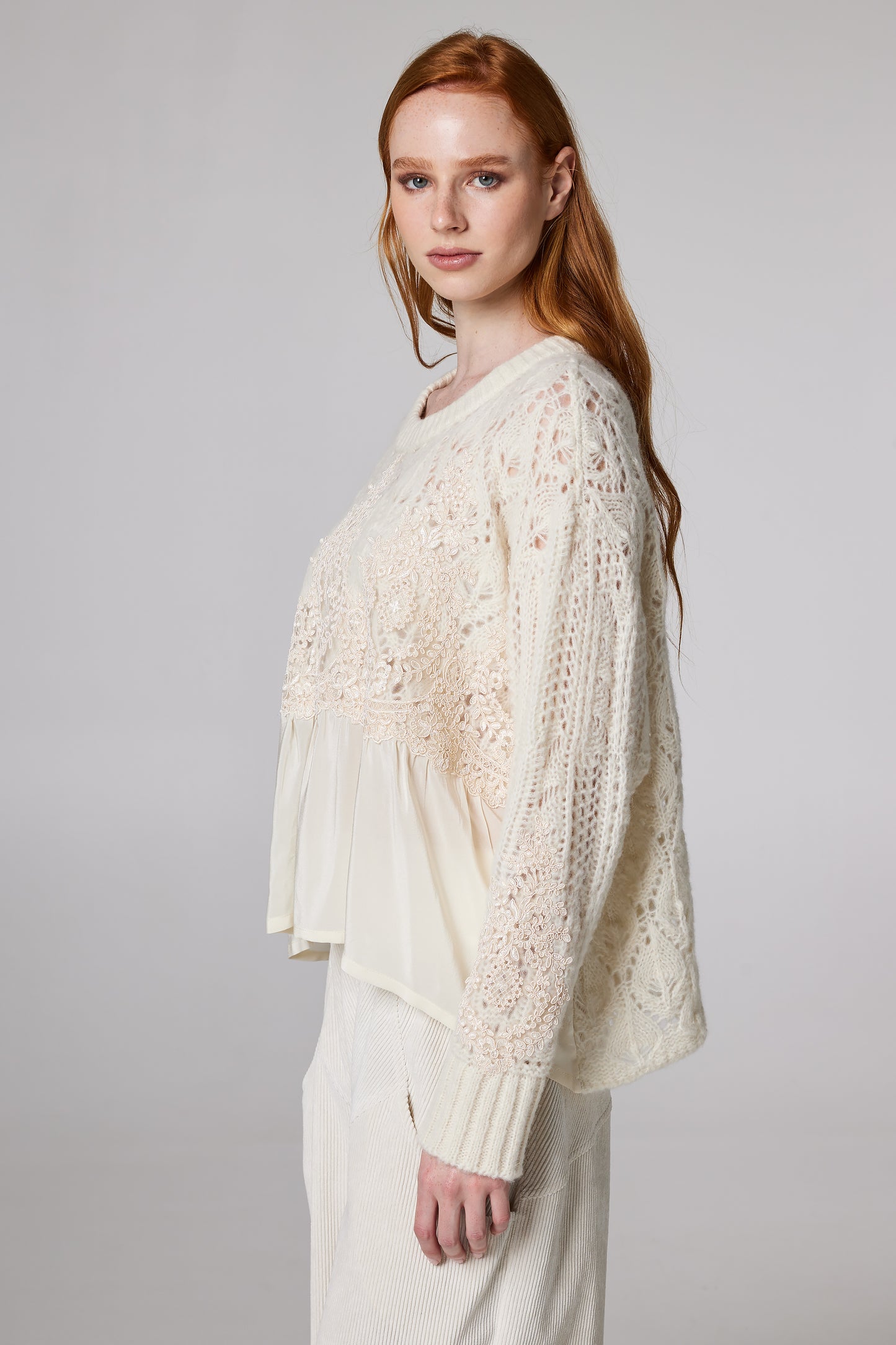 Wool Blouse With Bottom Silk And Lace Details