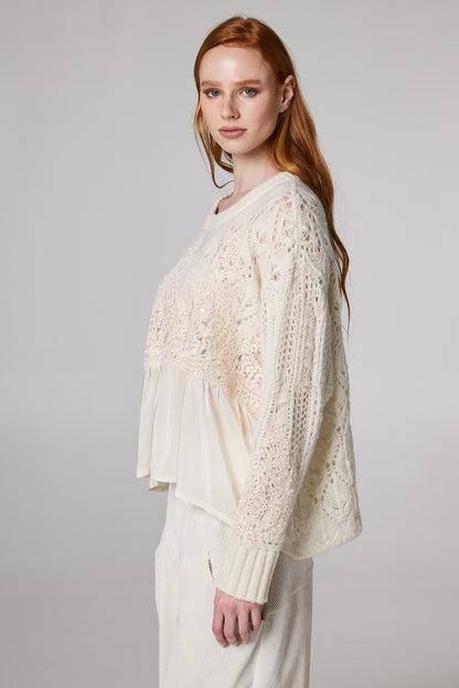 Wool Blouse With Bottom Silk And Lace Details