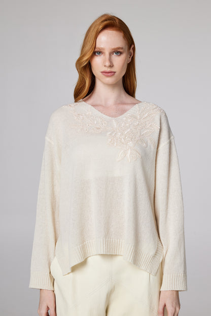V-Neck Wool Sweater With Top Lace Details
