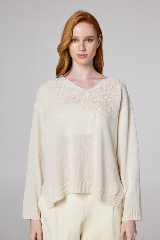 V-Neck Wool Sweater With Top Lace Details