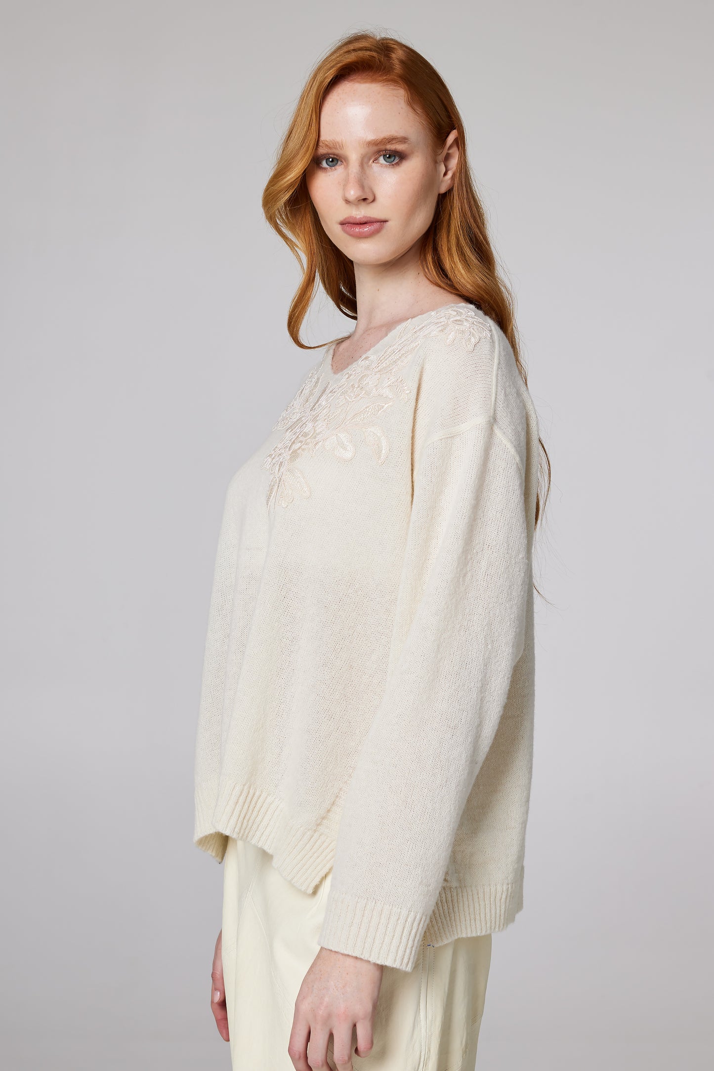 V-Neck Wool Sweater With Top Lace Details