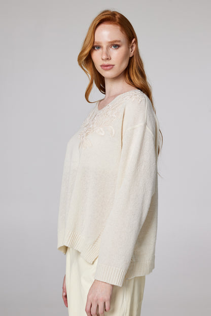 V-Neck Wool Sweater With Top Lace Details