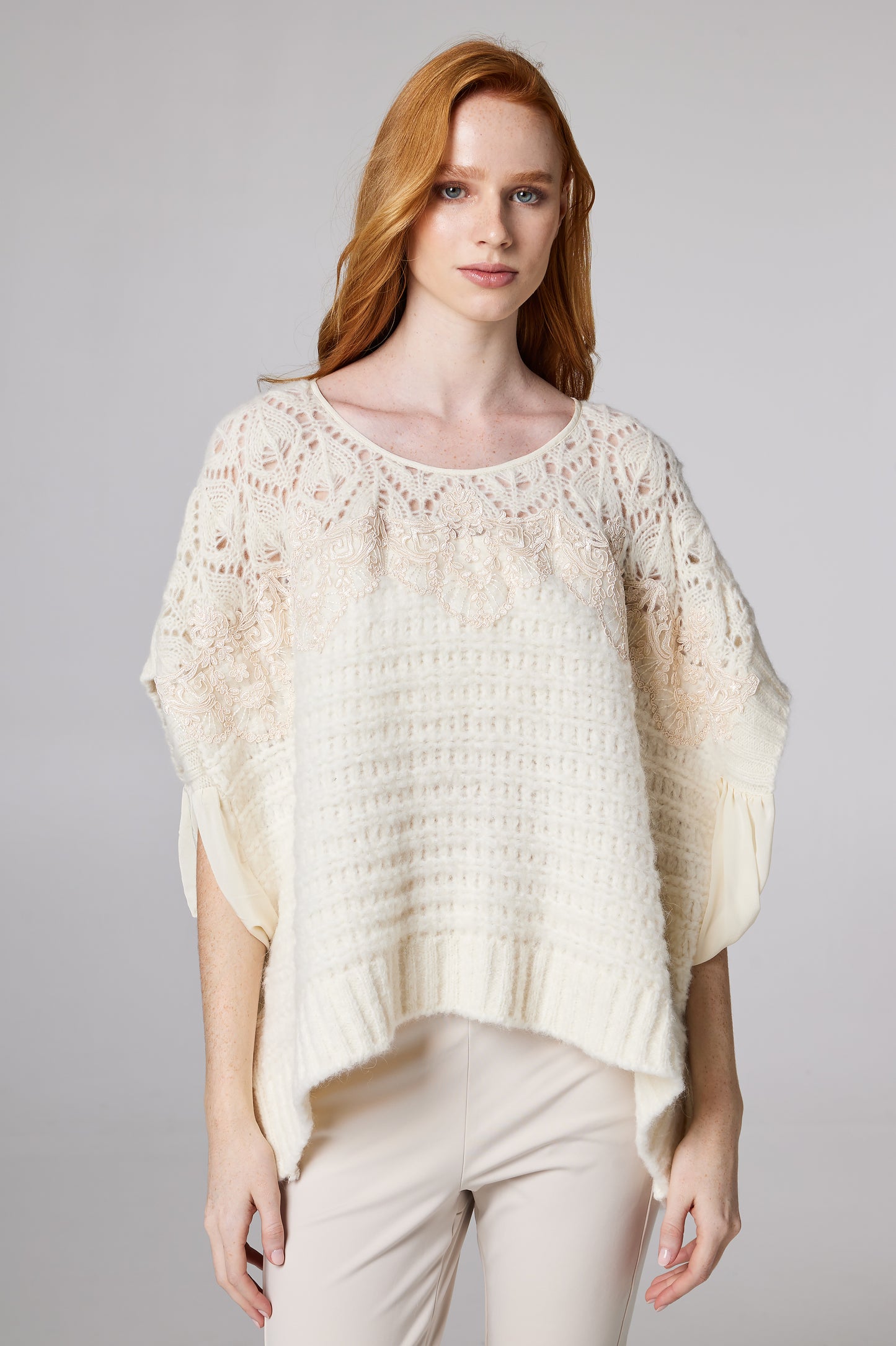 Knitwear Wool Top With Silk Sleeve Details