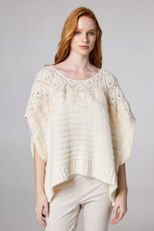 Knitwear Wool Top With Silk Sleeve Details