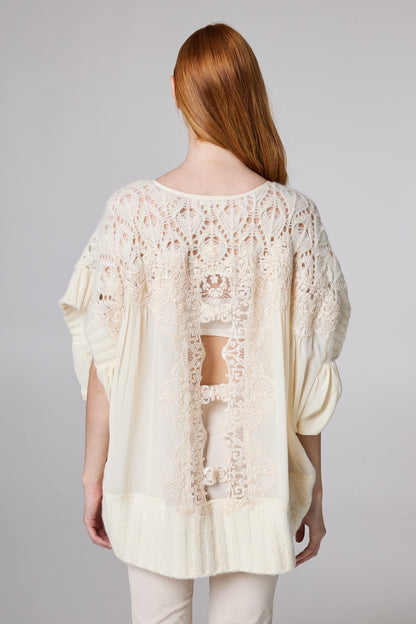 Knitwear Wool Top With Silk Sleeve Details