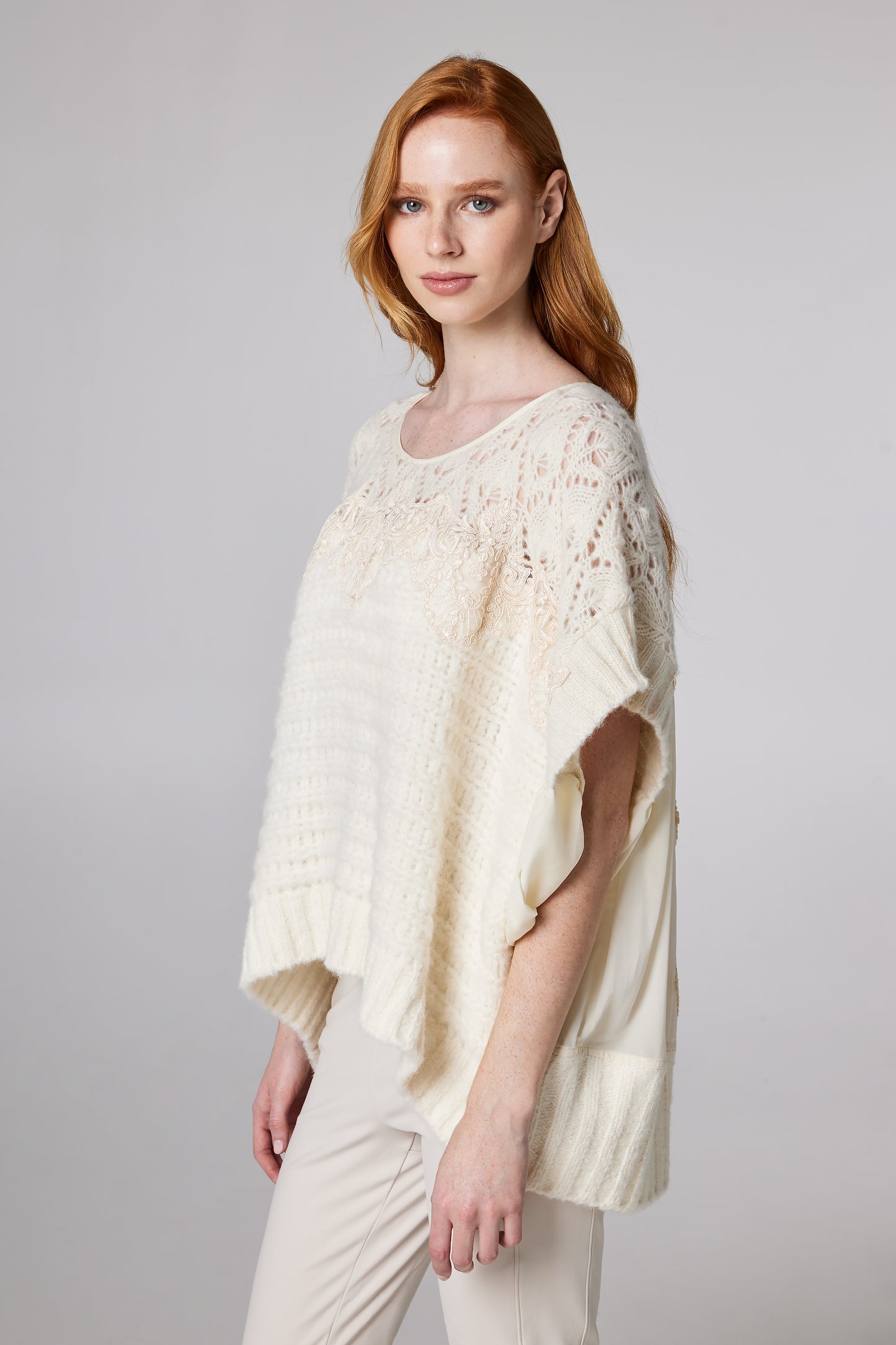 Knitwear Wool Top With Silk Sleeve Details