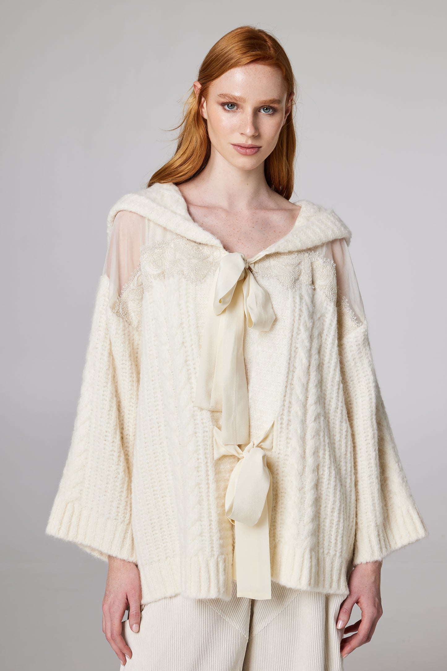 Wool Jacket With Lace Details And Front Ribbons
