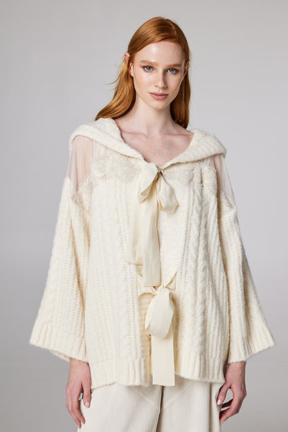 Wool Jacket With Lace Details And Front Ribbons