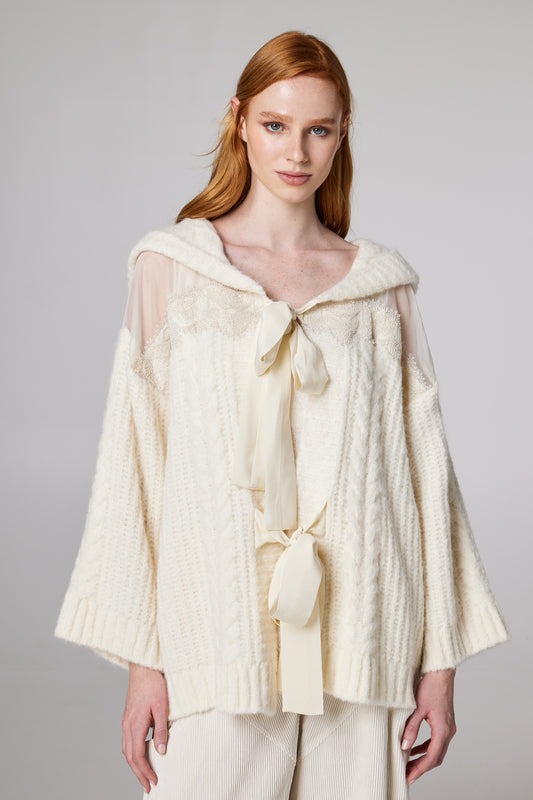 Wool Jacket With Lace Details And Front Ribbons