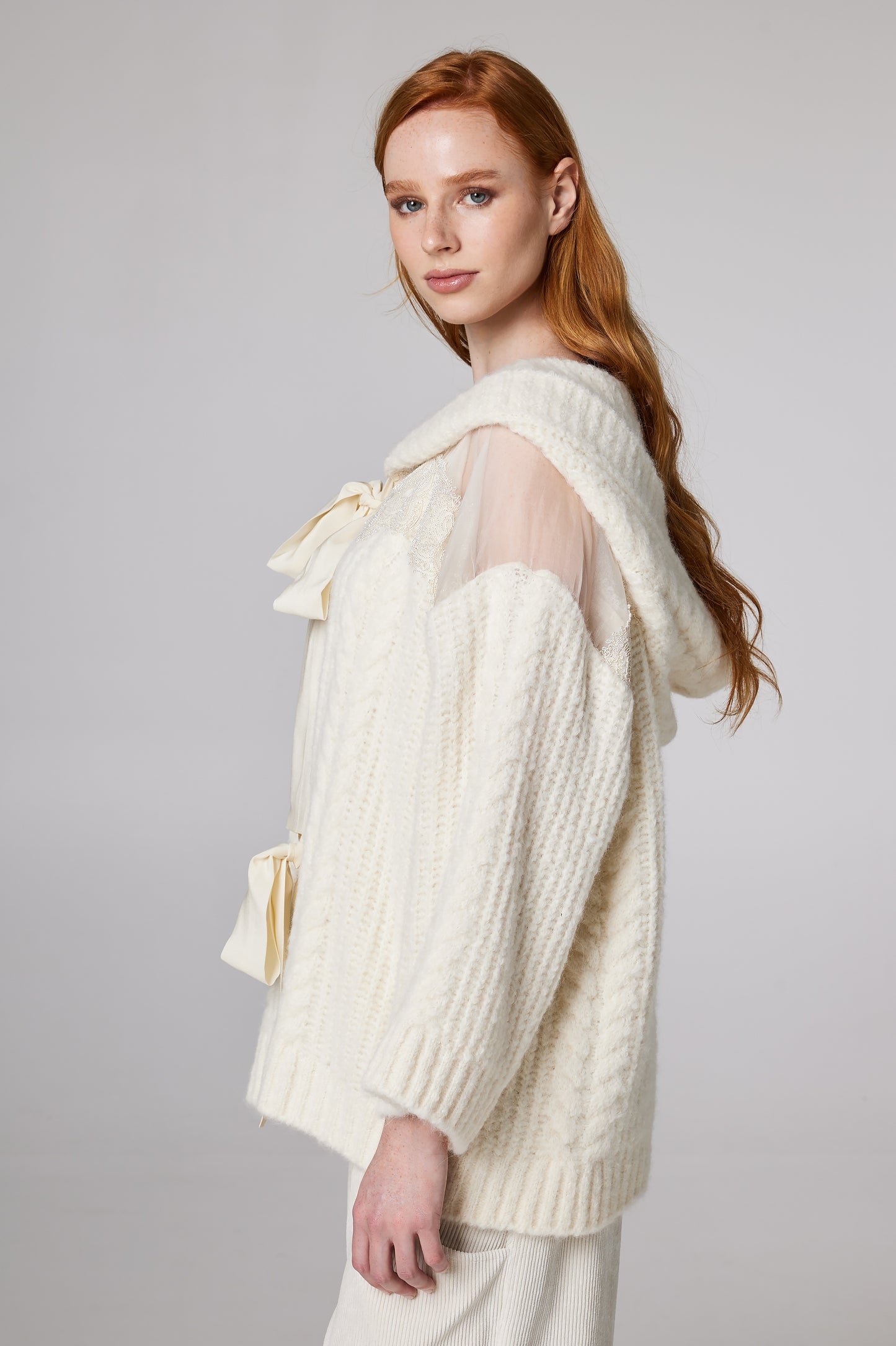 Wool Jacket With Lace Details And Front Ribbons