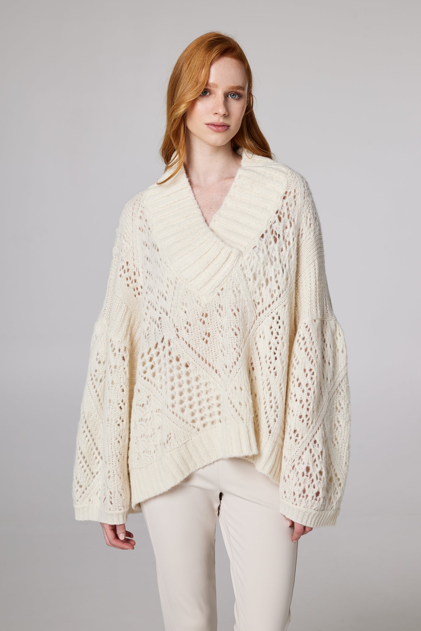 V-Neck Sweater With Back Silk And Lace Details