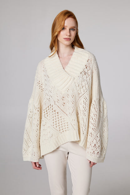 V-Neck Sweater With Back Silk And Lace Details