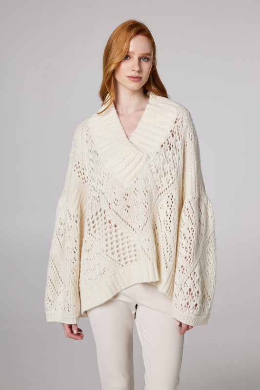 V-Neck Sweater With Back Silk And Lace Details