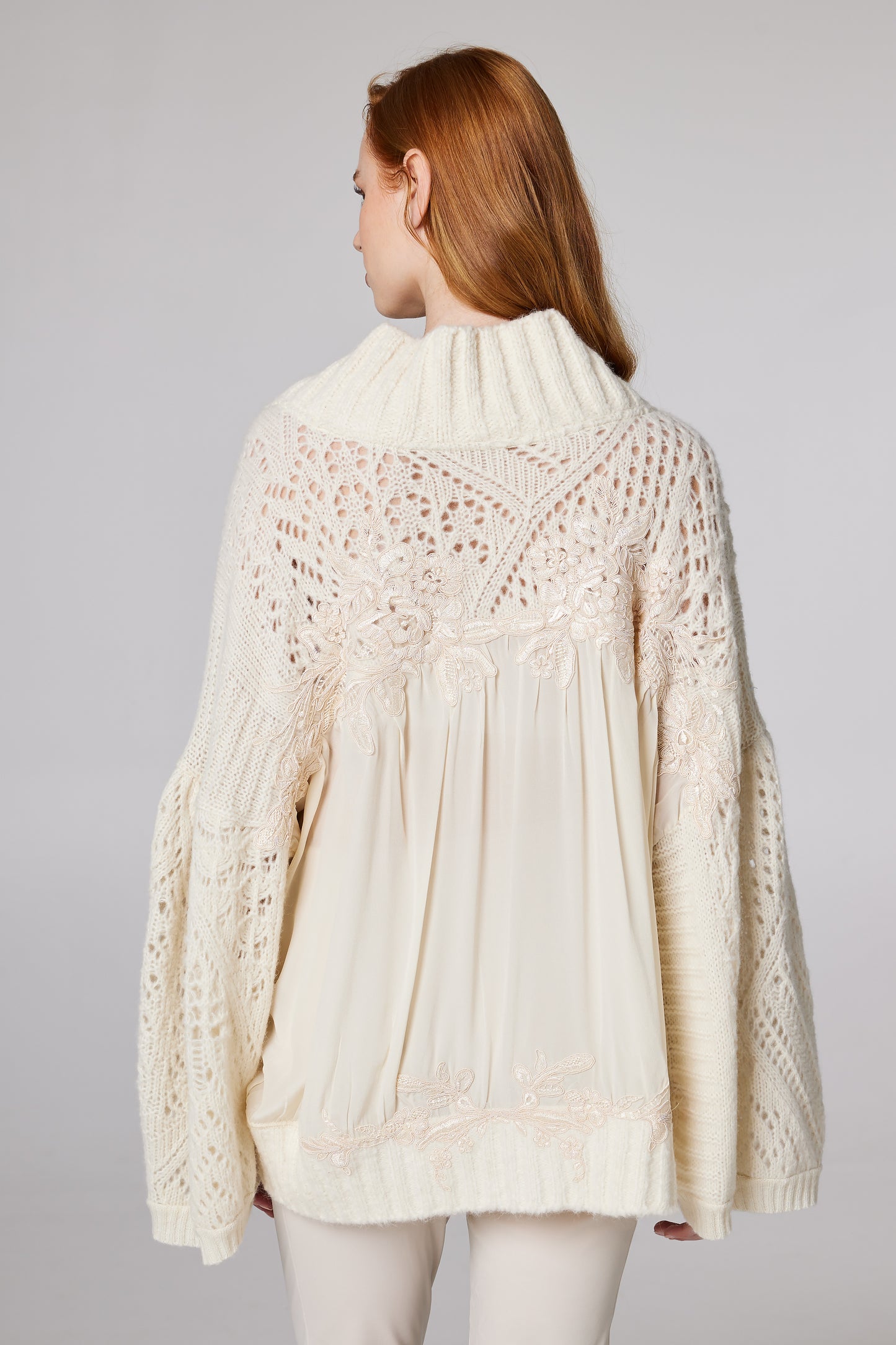 V-Neck Sweater With Back Silk And Lace Details