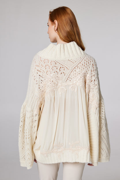 V-Neck Sweater With Back Silk And Lace Details