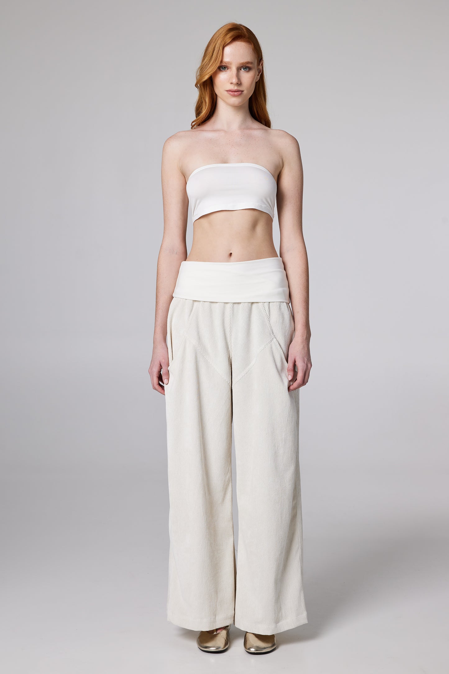 Corduroy Trousers With Elastic Adjustable Waistband And Pockets