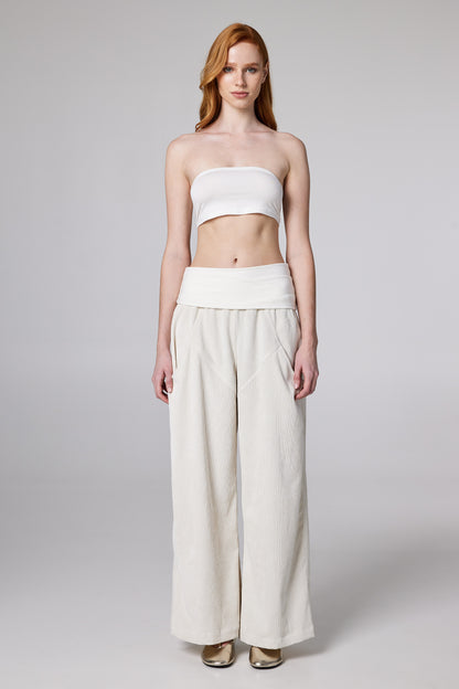 Corduroy Trousers With Elastic Adjustable Waistband And Pockets