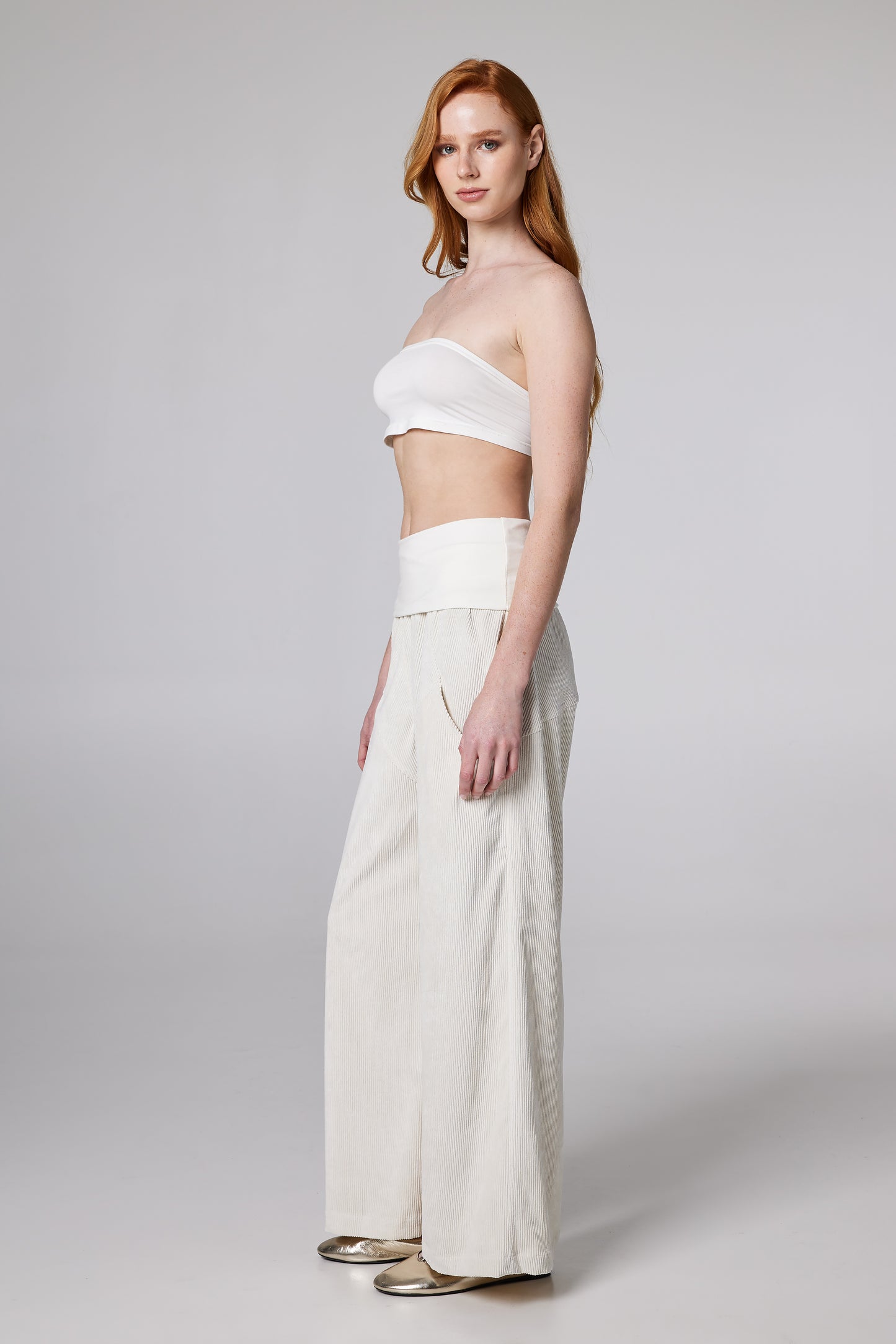 Corduroy Trousers With Elastic Adjustable Waistband And Pockets