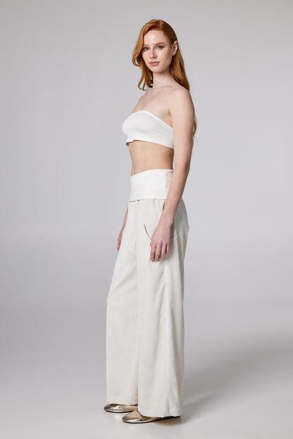 Corduroy Trousers With Elastic Adjustable Waistband And Pockets