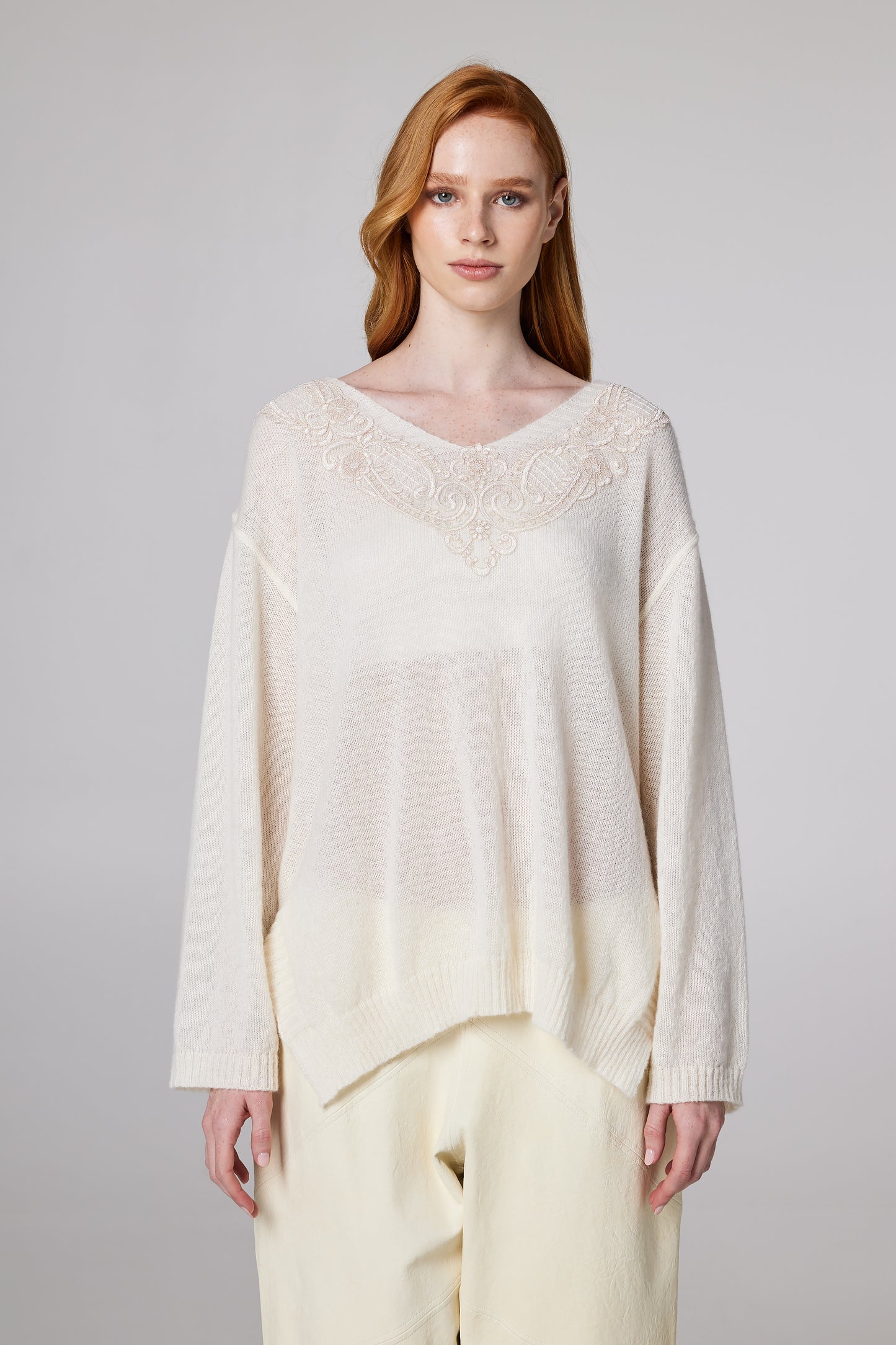 V-Neck Wool Blouse With Top Lace Details