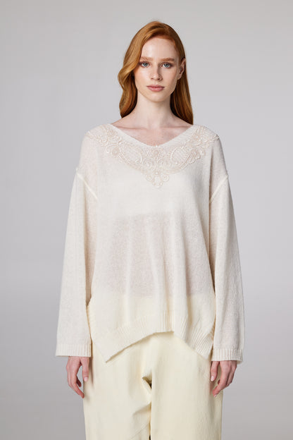 V-Neck Wool Blouse With Top Lace Details